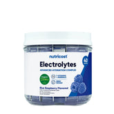Nutricost Electrolytes stick packs with blue raspberry flavor, 40 servings, enriched with vitamins and sweetened with Stevia.