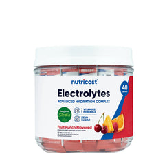 Nutricost Electrolytes Hydration Stick Packs, Fruit Punch flavor, 40 servings, enriched with 7 vitamins and minerals.
