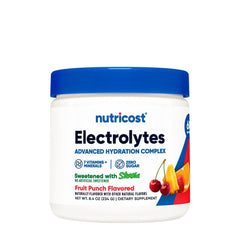 Nutricost Electrolytes Complex jar for hydration, featuring fruit punch flavor and essential vitamins, minerals, and zero sugar.