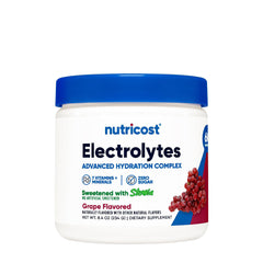 Nutricost Electrolytes Complex, grape-flavored hydration formula with 7 vitamins and minerals for optimal hydration.