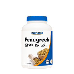 Nutricost Fenugreek supplement bottle with 1350 mg per serving, 240 capsules for dietary health benefits.