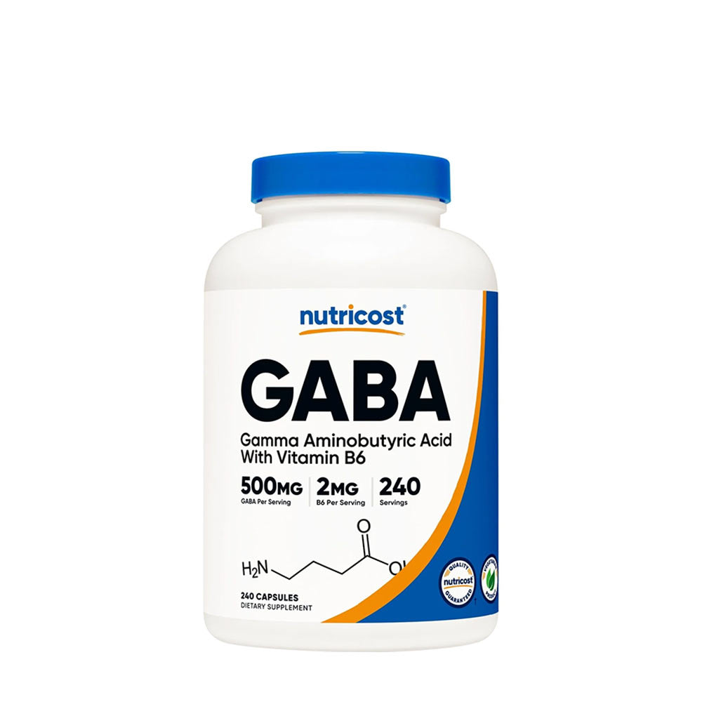 Nutricost GABA dietary supplement with Vitamin B6, 500mg, in a white bottle with 240 capsules.