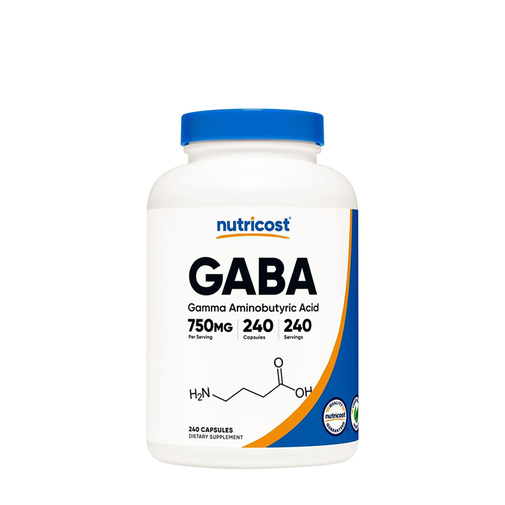 Nutricost GABA supplement bottle with 750 mg per serving, containing 240 vegetarian capsules, non-GMO, gluten-free.