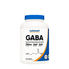 Nutricost GABA supplement bottle with 750 mg per serving, containing 240 vegetarian capsules, non-GMO, gluten-free.