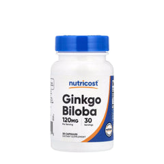Nutricost Ginkgo Biloba supplement bottle with 120 mg, 30 capsules, promoting antioxidants and health benefits.