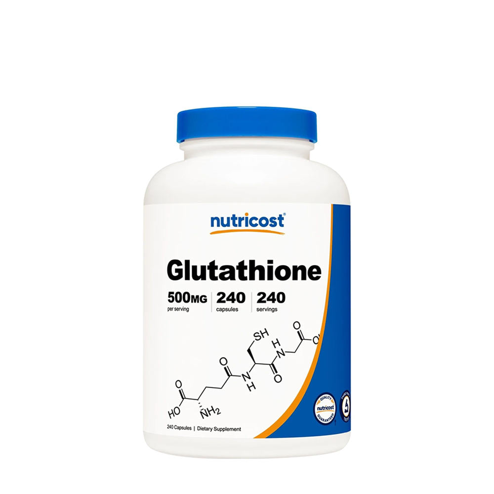 Nutricost Glutathione supplement bottle with 500 mg per serving and 240 capsules.