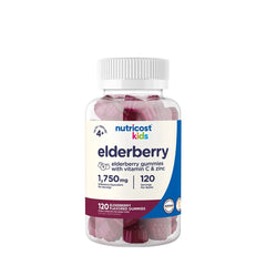 Nutricost Kids Elderberry Gummies bottle with 120 gummies, flavored with vitamin C and zinc, safe for children.