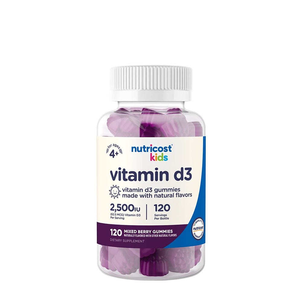 Nutricost Kids Vitamin D3 Gummies, 120 count bottle, 2500 IU, mixed berry flavor, dietary supplement for healthy bones.