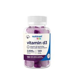 Nutricost Kids Vitamin D3 Gummies, 120 count bottle, 2500 IU, mixed berry flavor, dietary supplement for healthy bones.