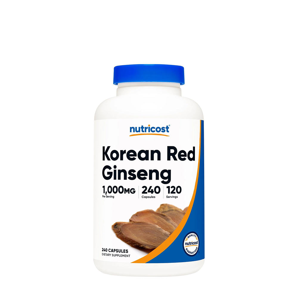 Nutricost Korean Red Ginseng bottle, 1000mg per serving, 240 capsules, dietary supplement.