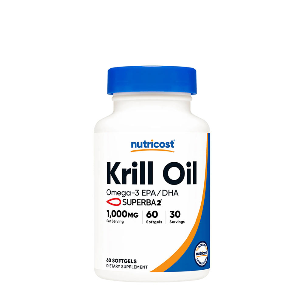 Nutricost Krill Oil 1000 mg Omega-3 supplement, 60 softgels, promotes EPA/DHA health benefits.