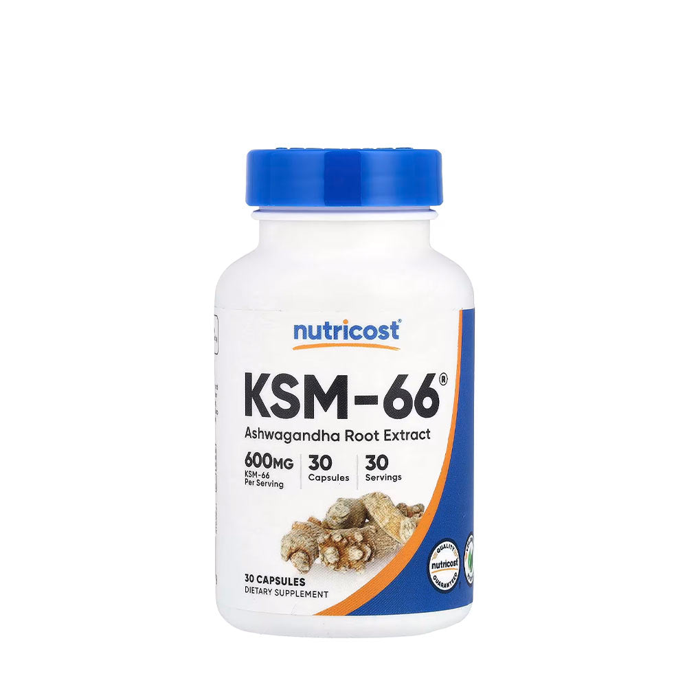 Nutricost KSM-66 Ashwagandha root extract supplement bottle, 600mg per serving, 30 capsules.