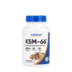 Nutricost KSM-66 Ashwagandha root extract supplement bottle, 600mg per serving, 30 capsules.