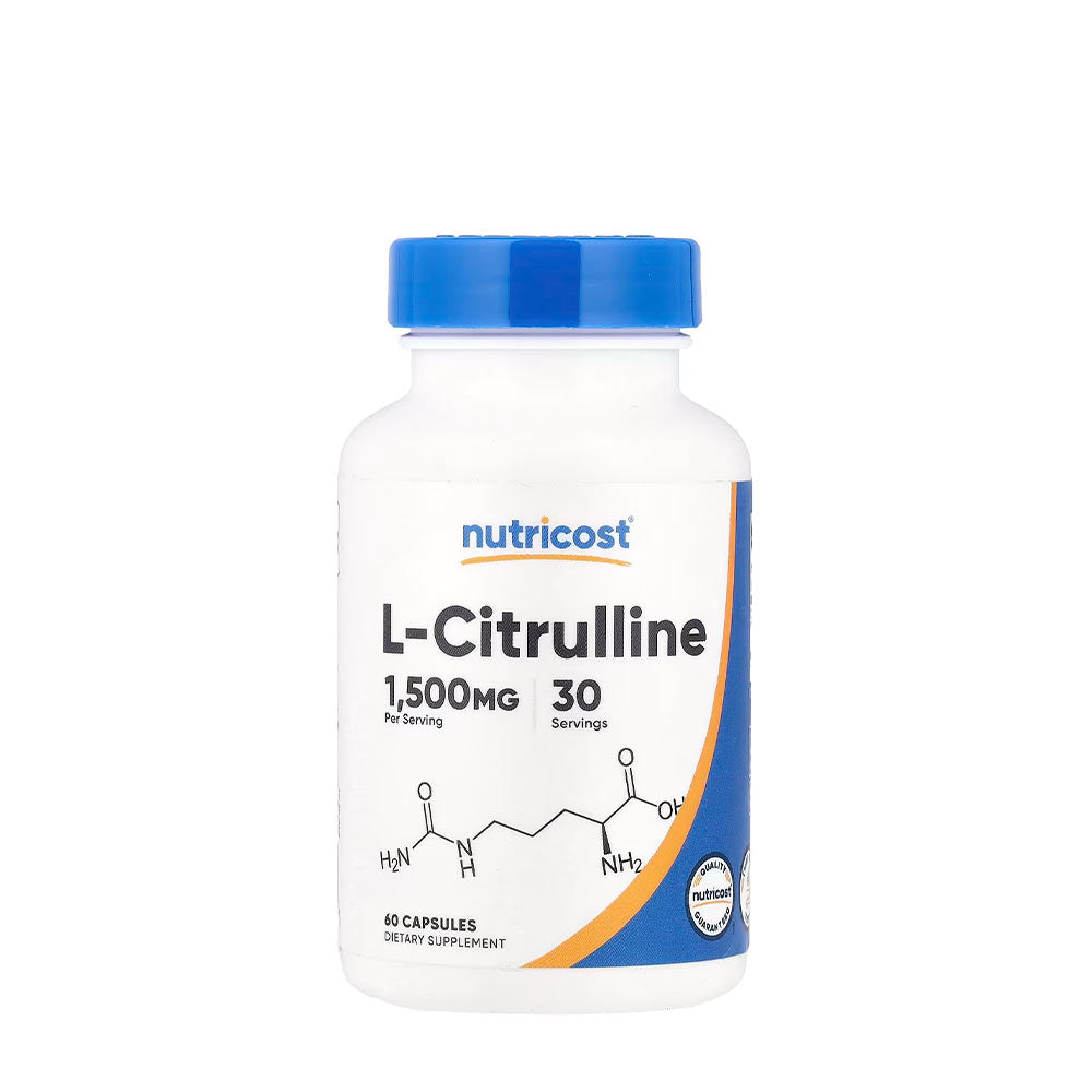 Nutricost L-Citrulline 1500 mg dietary supplement bottle with 60 capsules for pre-workout support.