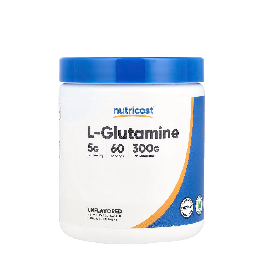 Nutricost L-Glutamine Powder container, unflavored, 5g per serving, 60 servings, dietary supplement.