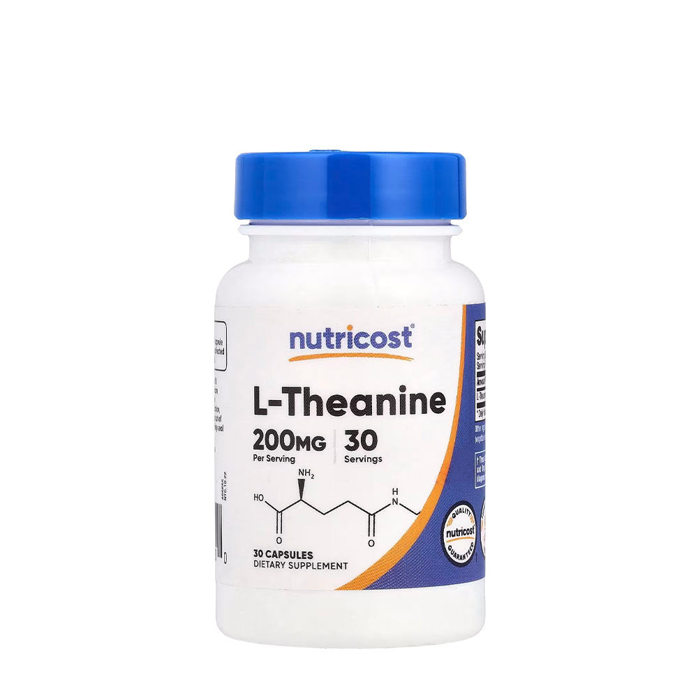 Nutricost L-Theanine 200 mg dietary supplement, 30 capsules, supports relaxation and mental clarity.