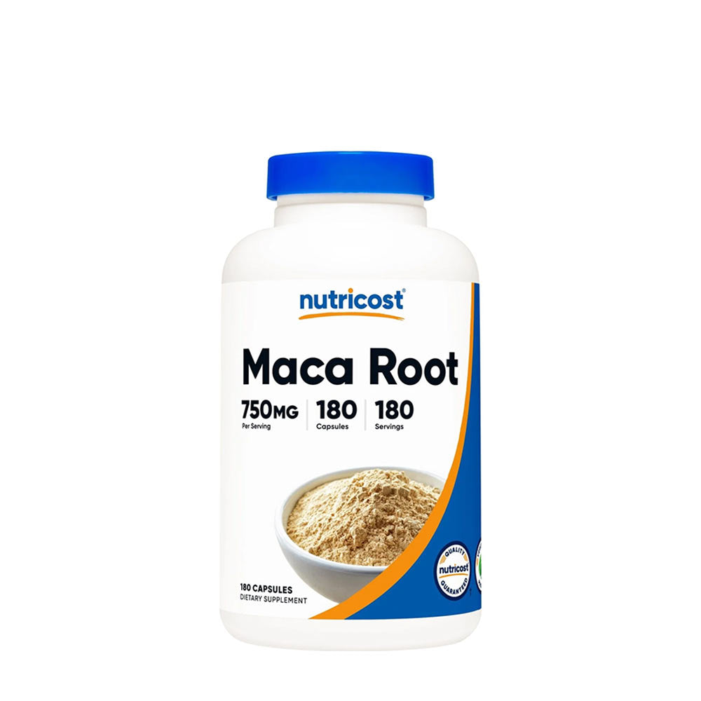 Nutricost Maca Root 750 mg dietary supplement bottle, 180 capsules for energy and hormonal support.