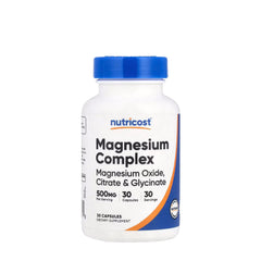 Nutricost Magnesium Complex 500 mg with 30 capsules, featuring magnesium oxide, citrate, and glycinate dietary supplement.