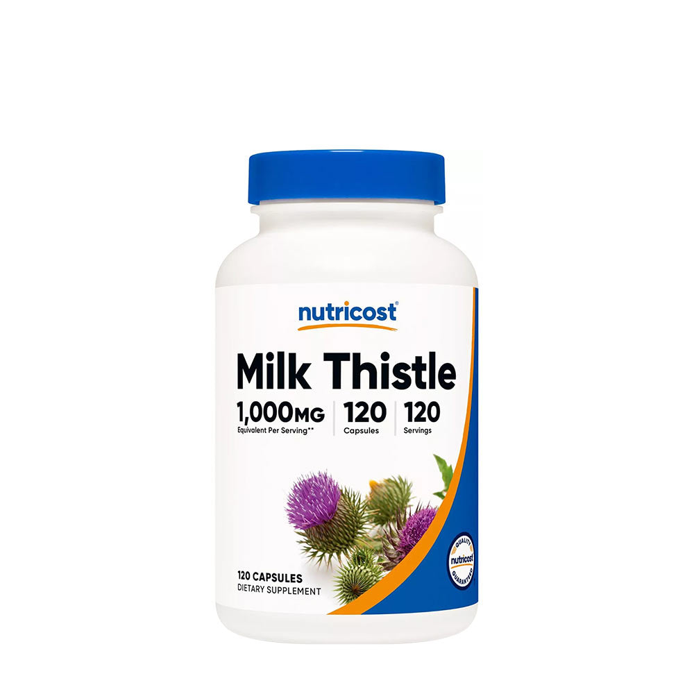 Nutricost Milk Thistle 1000 mg dietary supplement, 120 vegetarian capsules for liver support.