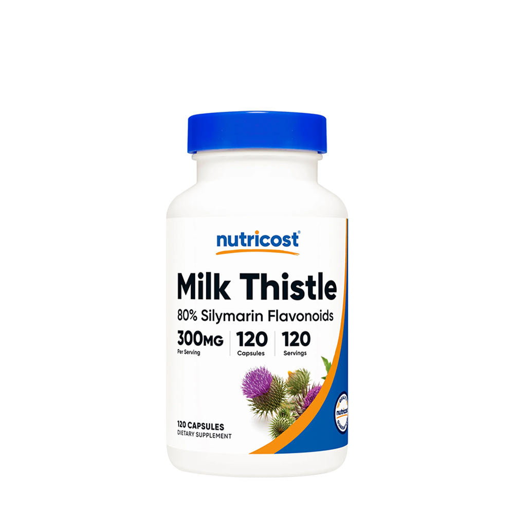 Nutricost Milk Thistle 300 mg supplement, 120 capsules for liver health and detox support.