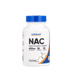Nutricost NAC dietary supplement bottle with 600mg N-Acetyl L-Cysteine in 30 vegan capsules.