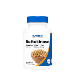 Nutricost Nattokinase supplement bottle with 120 capsules, 2000 FU per serving, promoting healthy blood circulation.