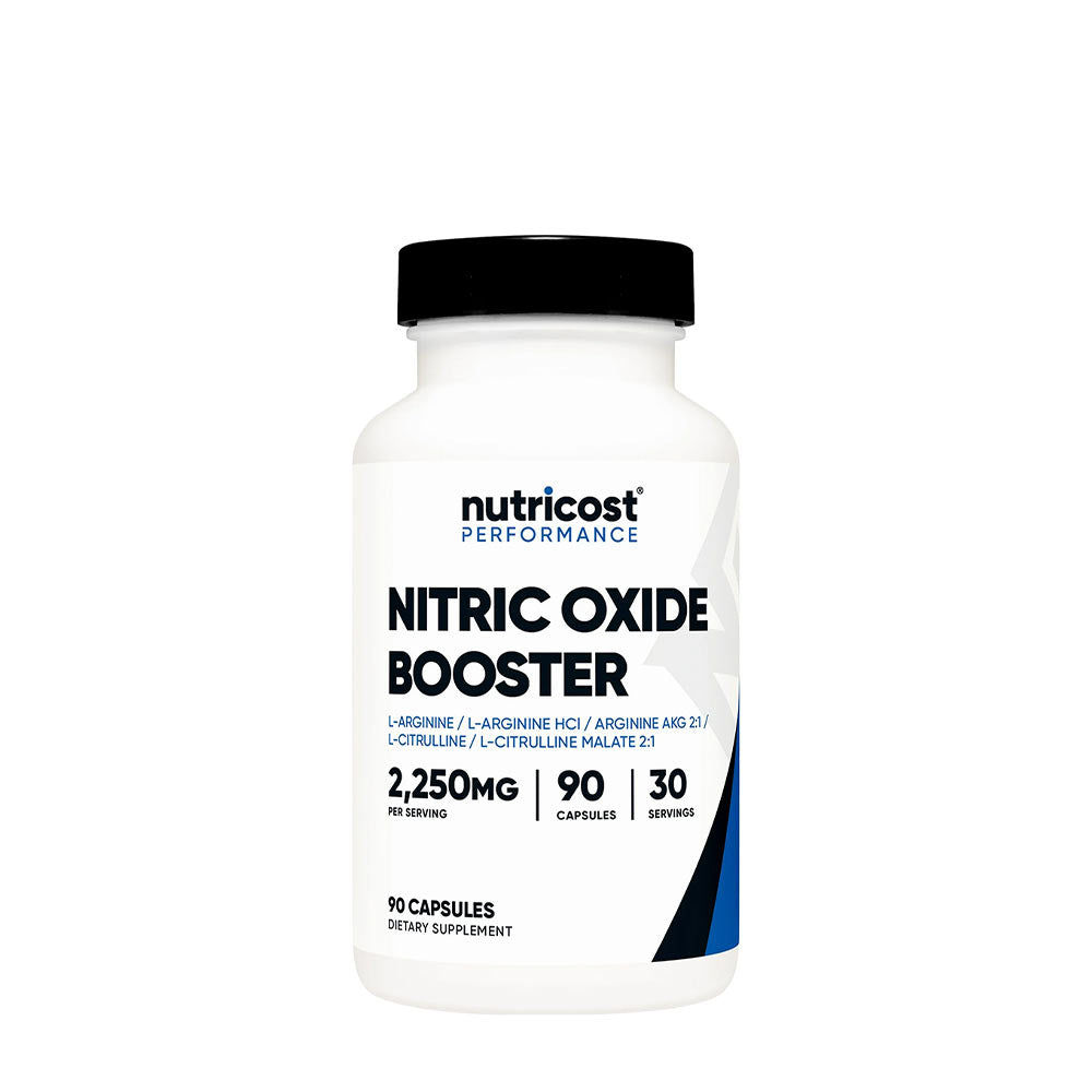 Nutricost Nitric Oxide Booster 2250mg dietary supplement bottle with 90 capsules, promoting blood circulation and exercise performance.