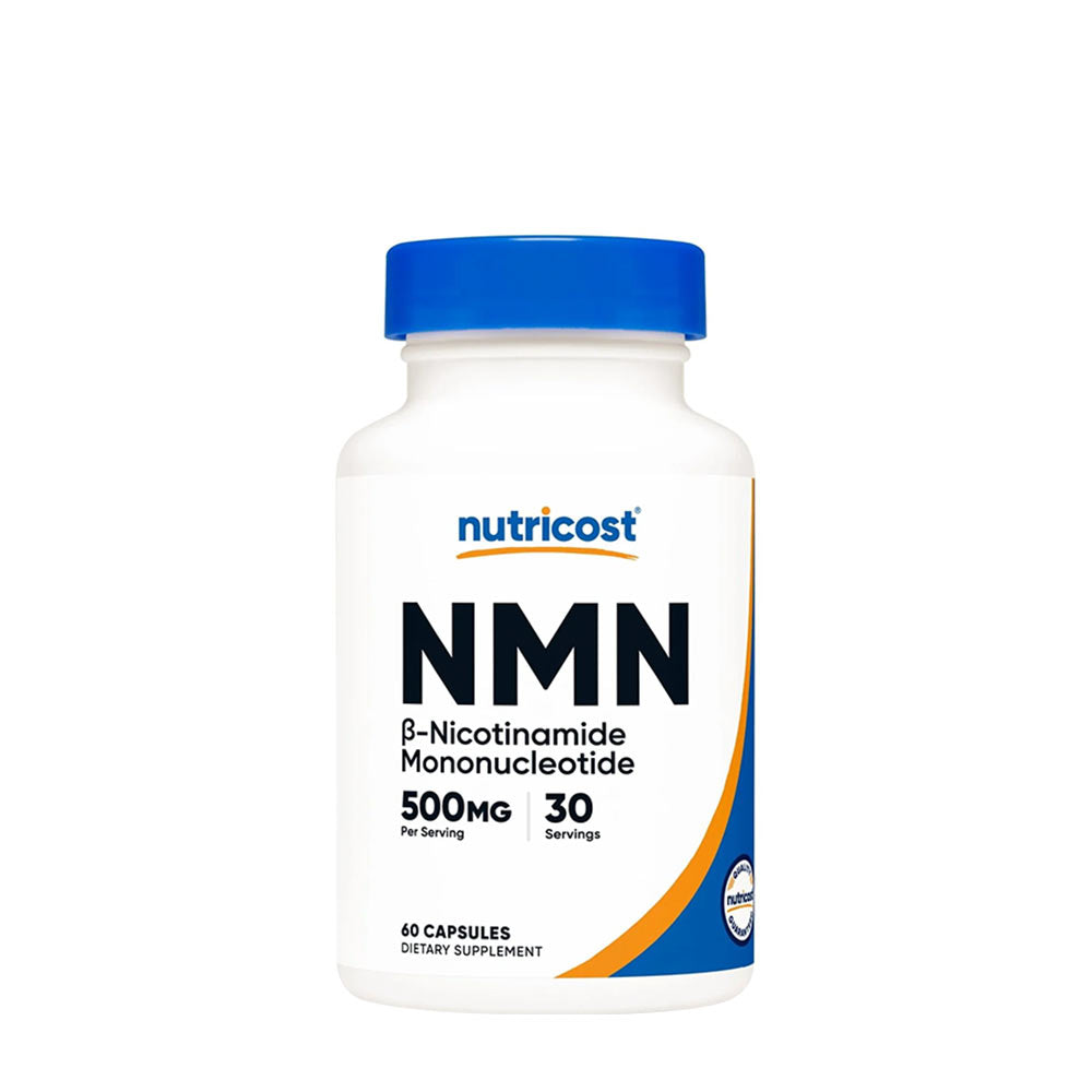 Nutricost NMN 500 mg supplement bottle, 60 capsules for dietary support, non-GMO and gluten-free.