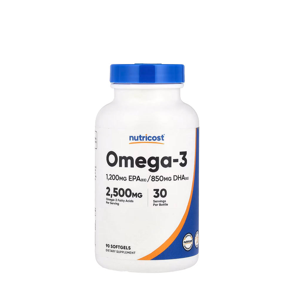 Nutricost Omega-3 supplement bottle with 2500 mg per serving, 90 softgels for heart and brain health.