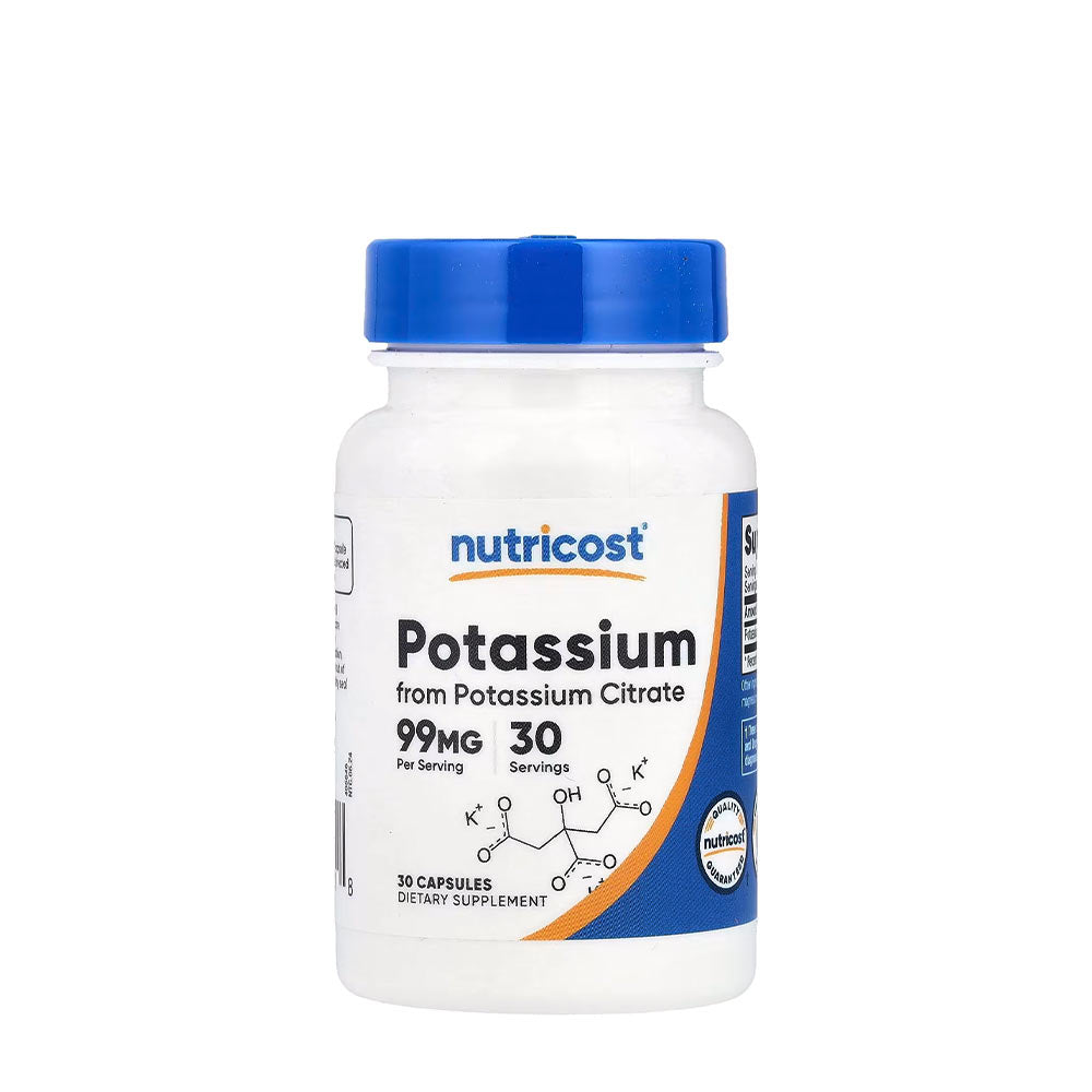 Nutricost Potassium Citrate 99 mg dietary supplement bottle with 30 capsules for healthy potassium levels.
