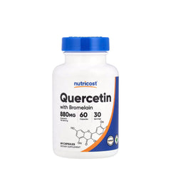 Nutricost Quercetin with Bromelain supplement bottle, 880 mg, 60 capsules, 30 servings, non-GMO and gluten-free.