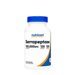 Nutricost Serrapeptase 120,000 SPU supplement bottle with 120 capsules for healthy enzyme support.