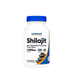 Nutricost Shilajit supplement bottle with 1,000 mg per serving, 120 capsules, and fulvic acid.