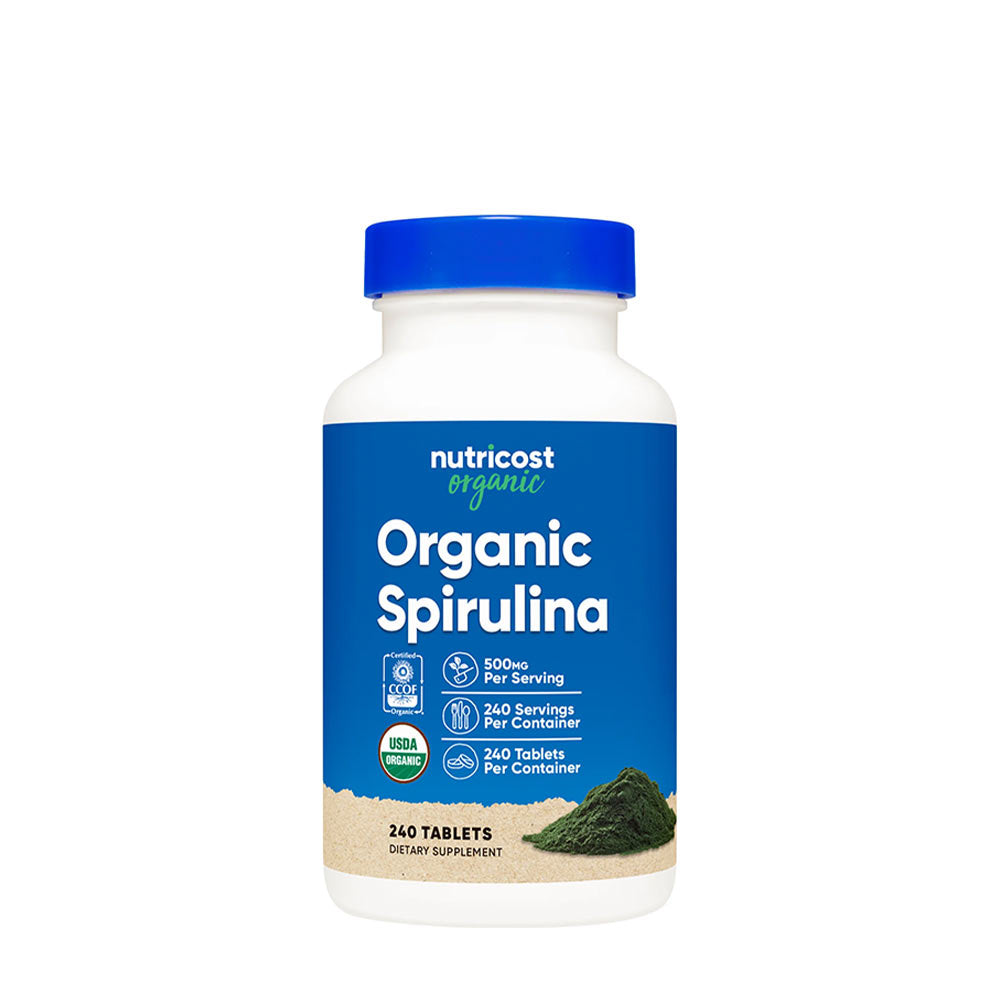 Nutricost Organic Spirulina supplement bottle with 240 tablets, USDA certified organic, 500 mg per tablet.