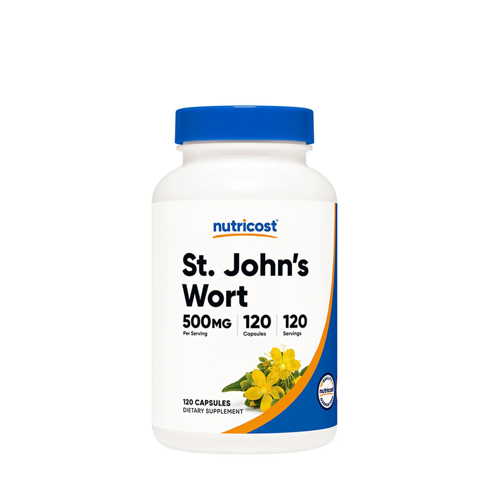 Nutricost St John's Wort 500 mg dietary supplement bottle with 120 vegetarian capsules.