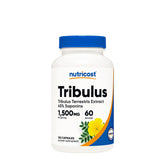 Nutricost Tribulus 1500mg supplement bottle with 120 capsules for energy and hormonal balance.
