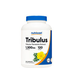 Nutricost Tribulus 1500 mg supplement bottle with 240 capsules for hormone balance and energy support.