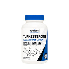 Nutricost Turkesterone dietary supplement bottle with 600 mg per serving and 120 capsules.