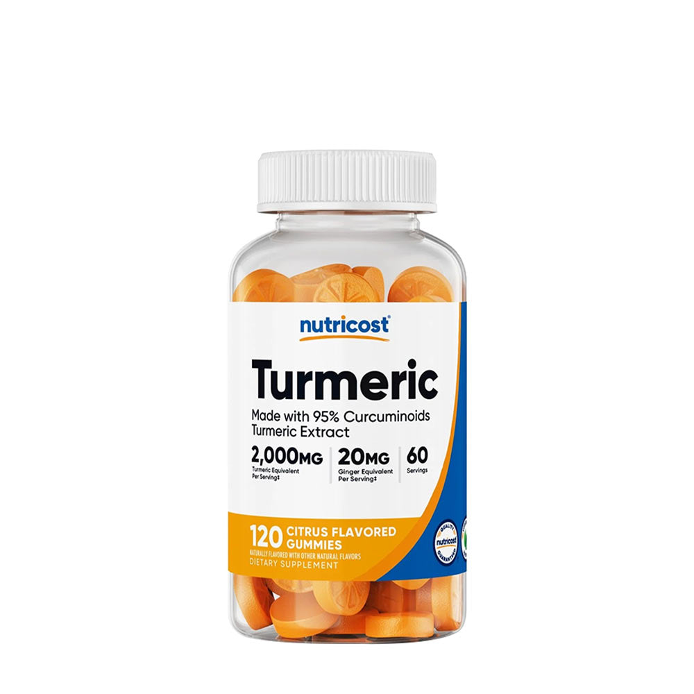 Nutricost Turmeric Gummies 2,000 mg, 120 citrus-flavored dietary supplements for inflammation and digestion support.