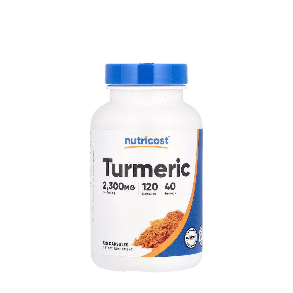 Nutricost Turmeric supplement bottle with 2300mg per serving, containing 120 capsules for enhanced absorption.