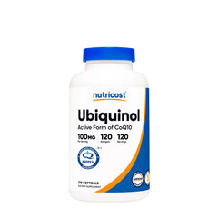 Nutricost Ubiquinol 100 mg dietary supplement bottle with 120 softgels for heart health and energy support.