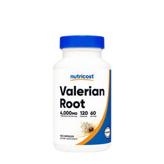 Nutricost Valerian Root 4,000 mg supplement bottle with 120 capsules for healthy sleep.