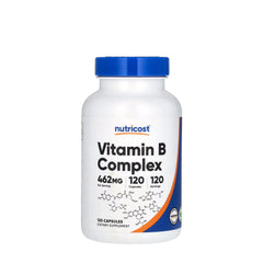 Nutricost Vitamin B Complex bottle with 120 capsules for energy support and immune health.