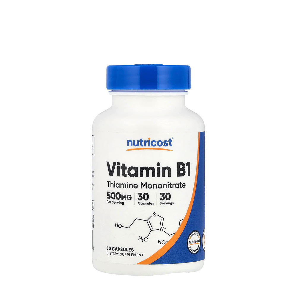Nutricost Vitamin B1 Thiamine 500 mg bottle with 30 capsules for dietary supplement.