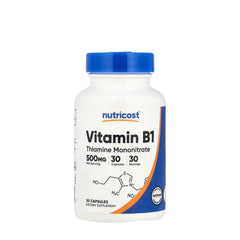 Nutricost Vitamin B1 Thiamine 500 mg bottle with 30 capsules for dietary supplement.