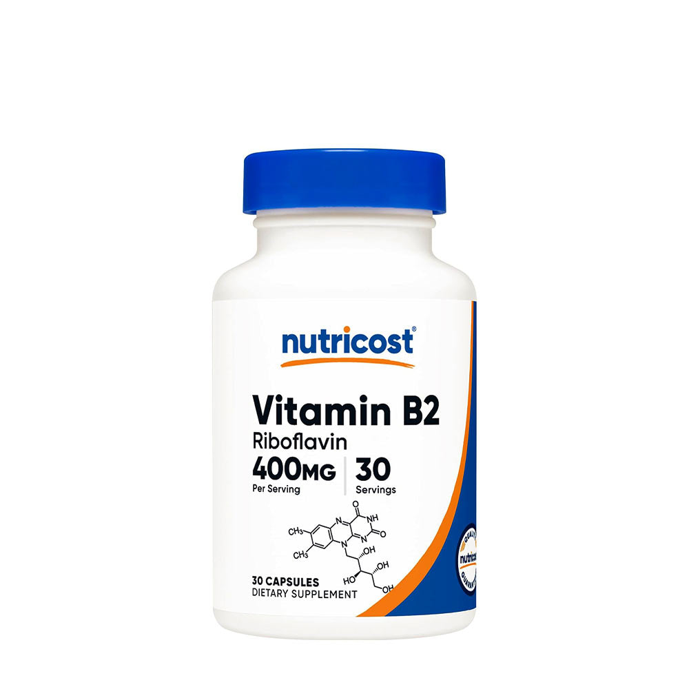 Nutricost Vitamin B2 Riboflavin 400 mg dietary supplement bottle with 30 capsules