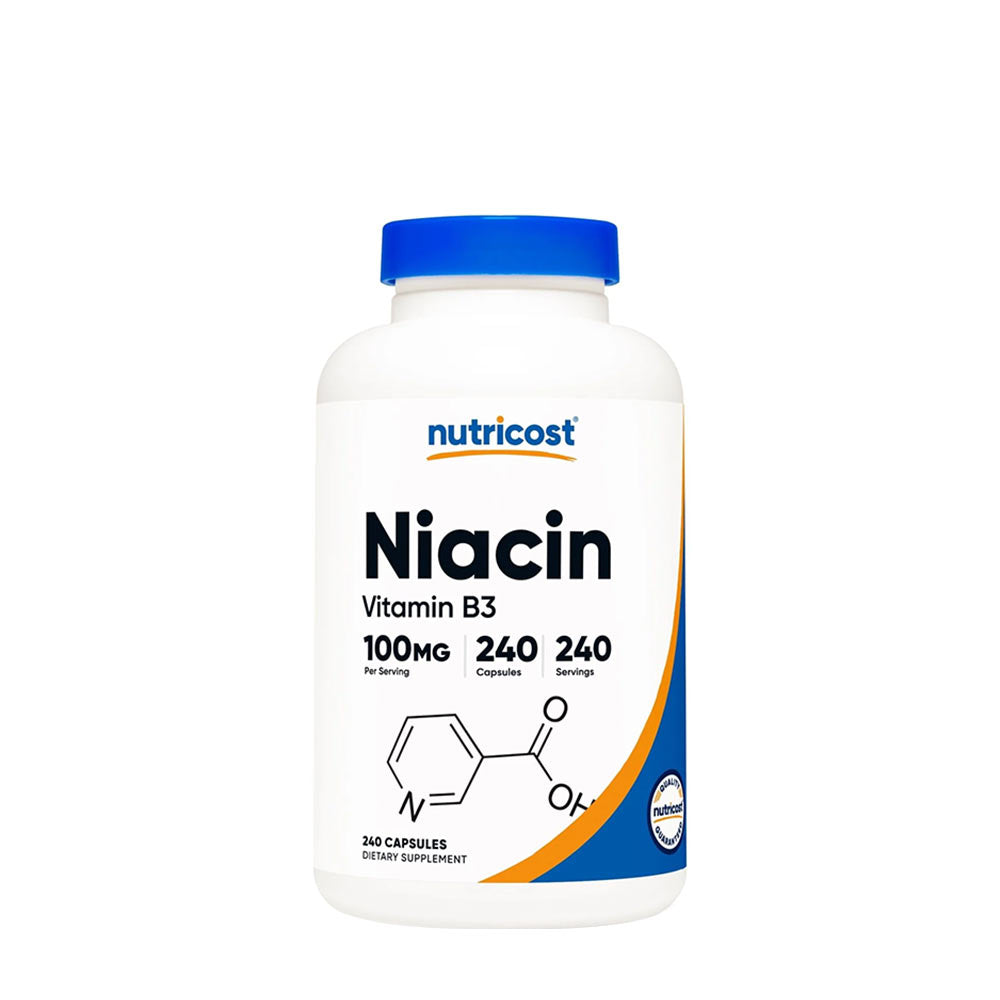 Nutricost Niacin Vitamin B3 100 mg dietary supplement, 240 capsules for energy production and healthy cholesterol.