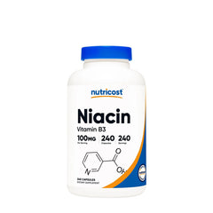 Nutricost Niacin Vitamin B3 100 mg dietary supplement, 240 capsules for energy production and healthy cholesterol.