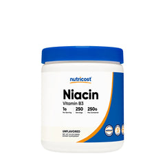 Nutricost Niacin Vitamin B3 supplement, unflavored powder in a 250g container for optimal health and energy support.