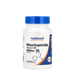 Nutricost Niacinamide Vitamin B3 500 mg supplement bottle with 30 capsules, non-GMO and gluten-free.